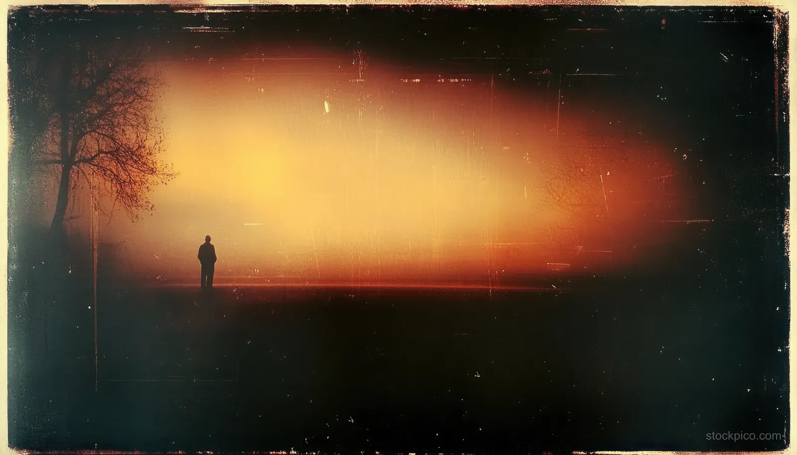 A lone silhouette stands in darkness under a warm glowing light beam with vintage film texture and vignette edges.