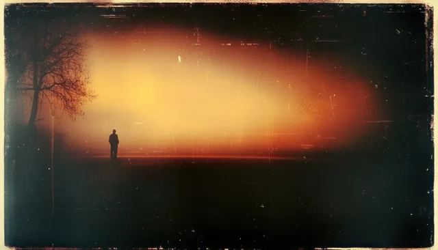 A lone silhouette stands in darkness under a warm glowing light beam with vintage film texture and vignette edges.