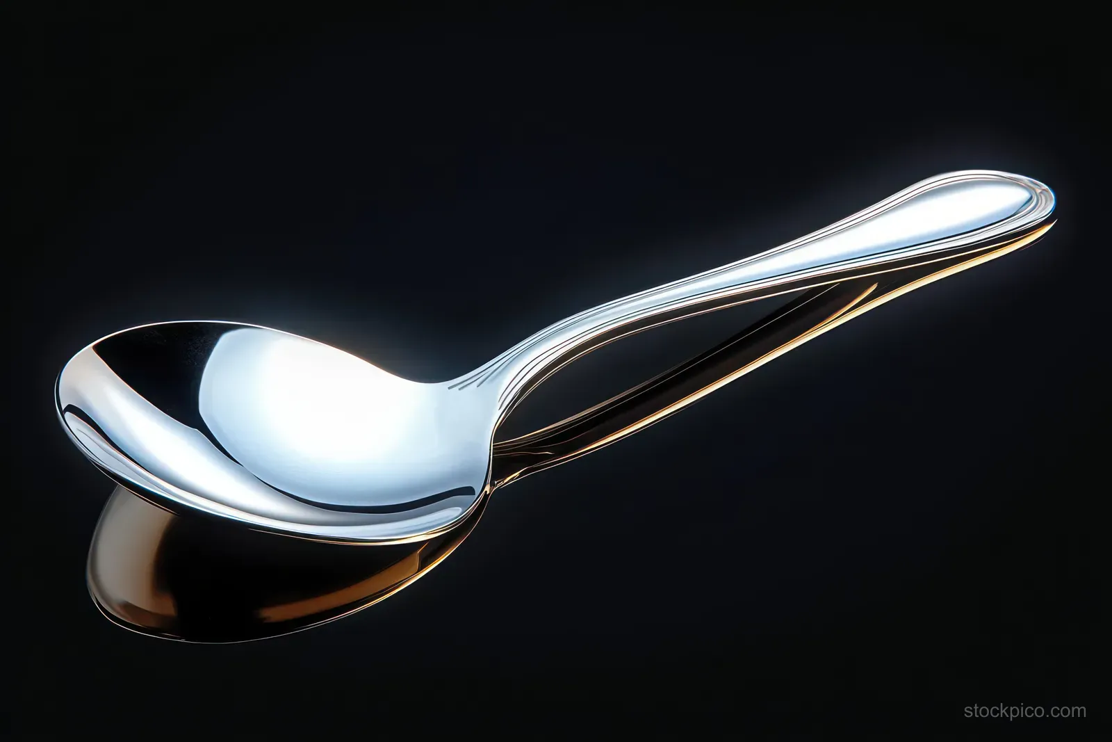 Close-up of a polished silver spoon reflecting bright highlights on a dark background.