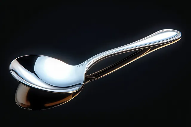 Polished silver spoon reflecting light against a dark minimalist background