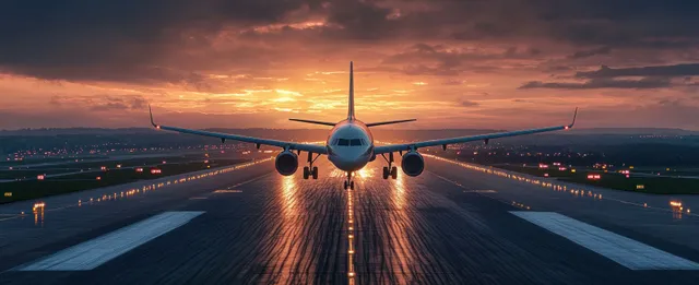 Passenger jet landing at sunset, runway lights glowing beneath its wings