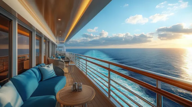Blue cushioned seating on a cruise balcony overlooks the ocean with warm sunset light and gentle waves.