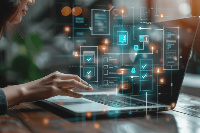 Businesswoman reviewing digital document checklist on laptop with floating approval icons with Interface And Ux Overlays