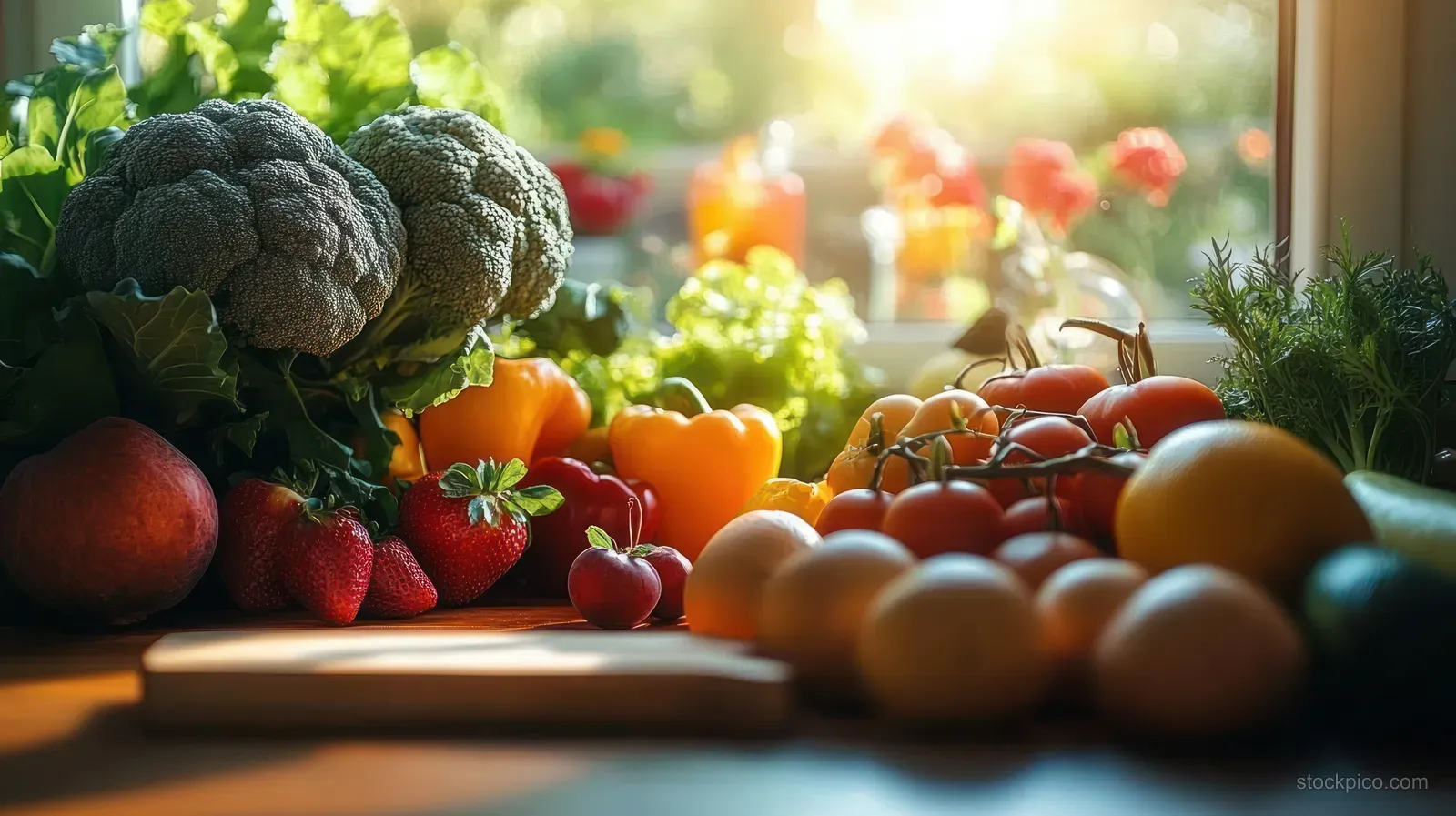 Broccoli, strawberries, tomatoes, eggs, and oranges sit on a kitchen counter with leafy greens in view.