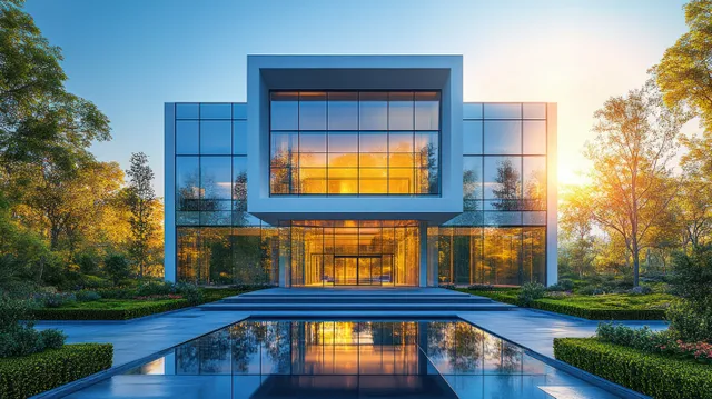 Modern apartment building with glass balconies and façades overlooking a courtyard pool at sunset.