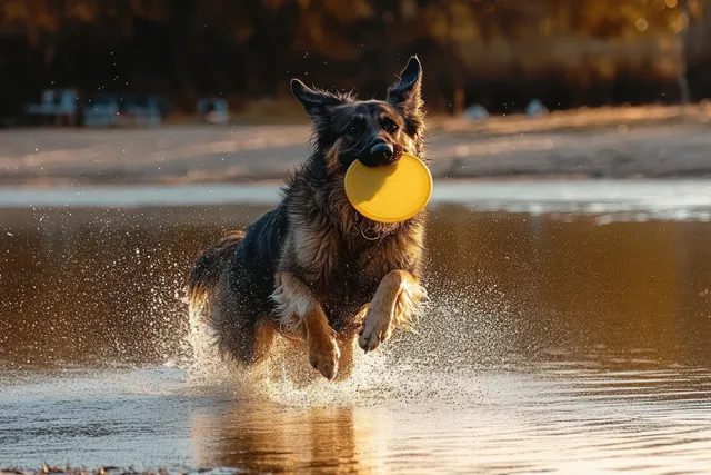 A wet dog sprints through shallow water at sunset holding a yellow disc toy in its mouth.