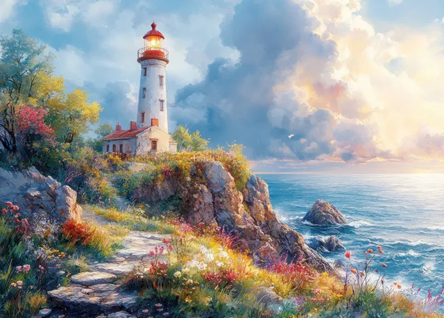 Watercolor lighthouse with red lantern on rocky coastal cliffs, surrounded by flowers and green foliage beside churning blue ocean waves.