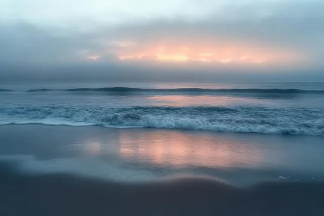 Ocean waves glide onto a wet sandy beach under a cloudy dawn sky, with soft horizon glow reflected in the sand.