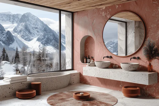 Minimalist bathroom with pink terrazzo walls, double sinks, and round mirror by mountain windows