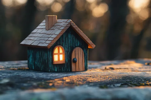 Mini wooden toy house sits on weathered surface with a glowing arched window at sunset