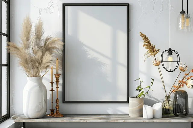 Black picture frame mockup on a white shelf with vases, candles, plants, and warm window shadows.
