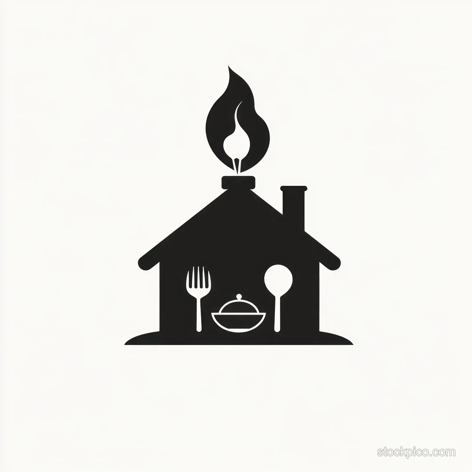 Black silhouette house icon containing kitchen utensils and a cooking pot, with a flame rising from the chimney.