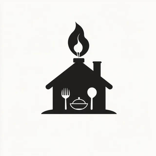 Black silhouette house icon containing kitchen utensils and a cooking pot, with a flame rising from the chimney.