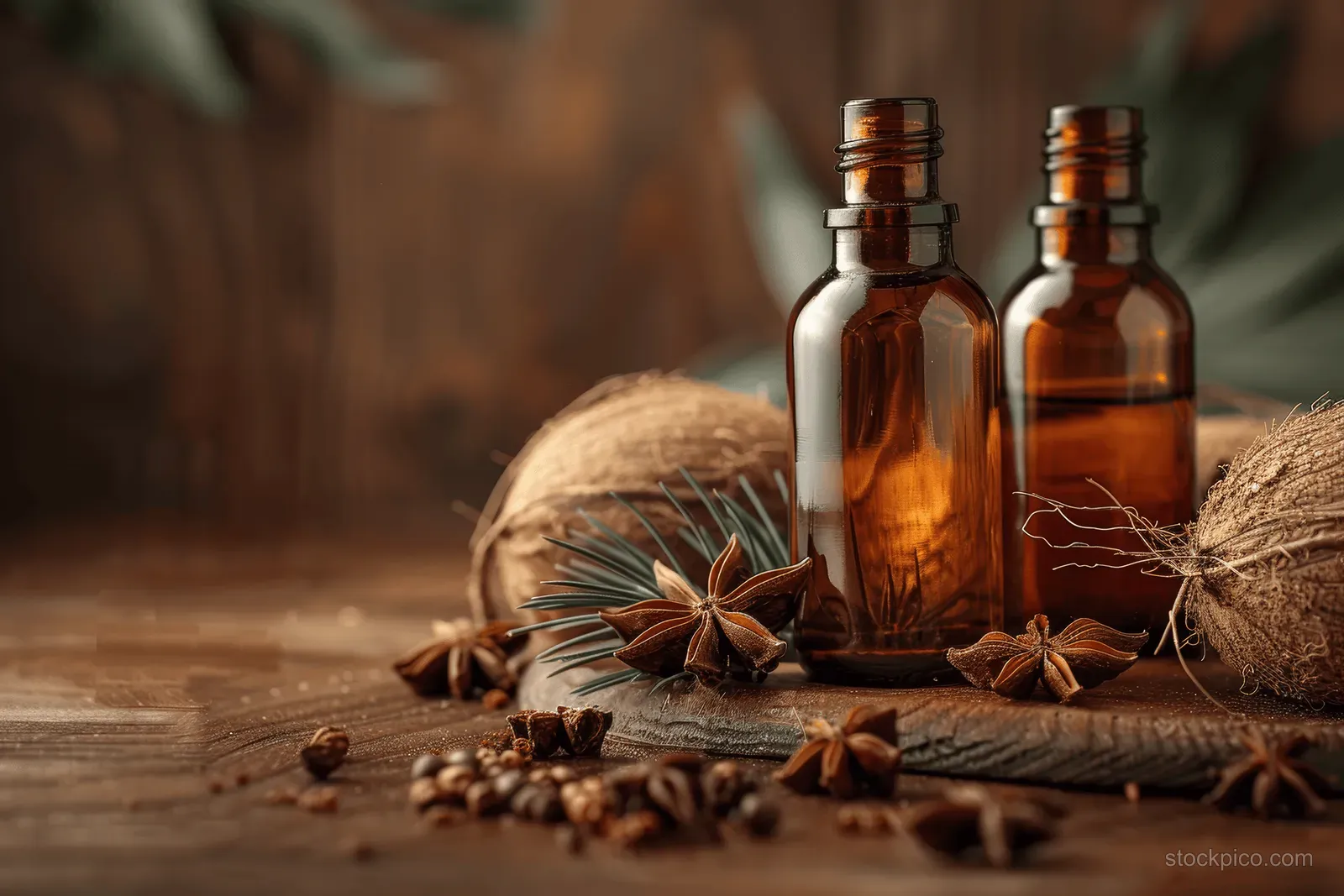 Amber glass bottles rest on rustic wood beside star anise and pine needles with warm blurred background.