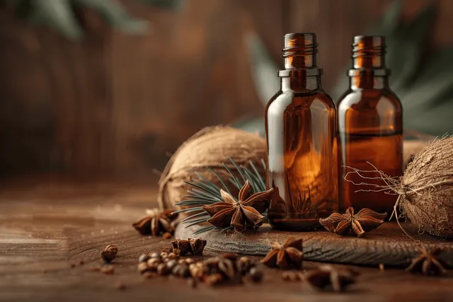 Amber glass bottles rest on rustic wood beside star anise and pine needles with warm blurred background.