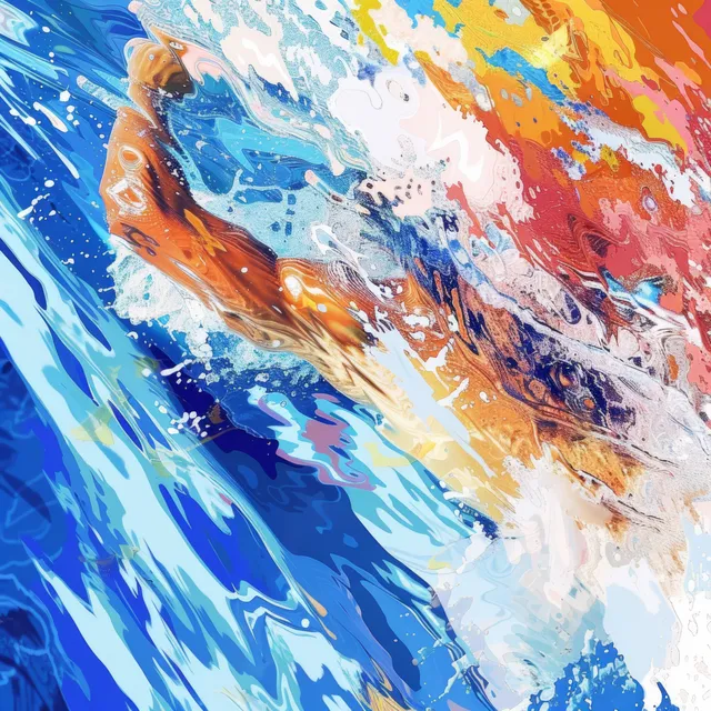 Stylized swimmer bursting through blue and orange splashes in a dynamic watercolor splash background.