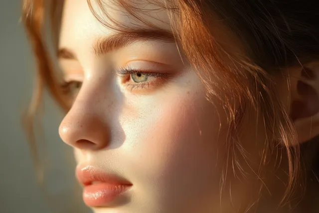 Side profile portrait of a young woman showing skin texture and a small wart on her nose.