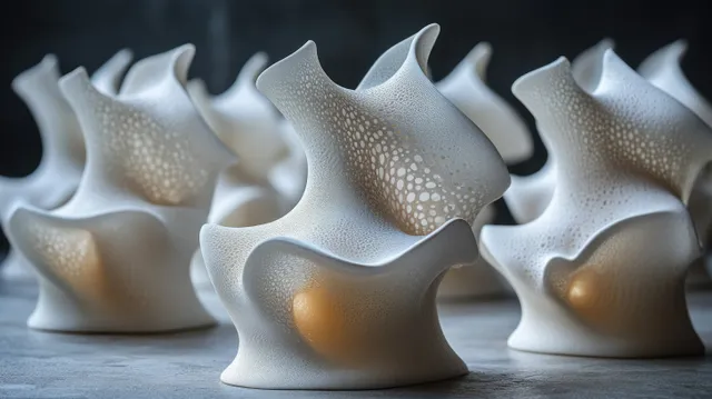 White plaster tooth-shaped models are lined up on a dark surface with textured surfaces and warm highlights.