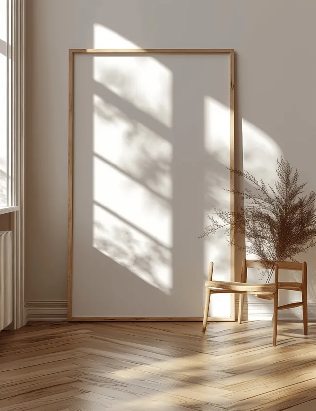 Minimalist wooden frame leaning in sunlit interior, blank poster and crisp shadow stripes