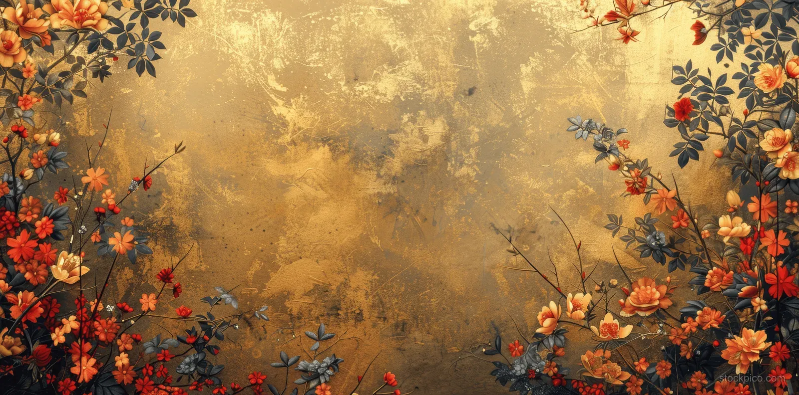 Golden textured wall backdrop surrounded by red and black floral and leaf border with geometric harlequin pattern.