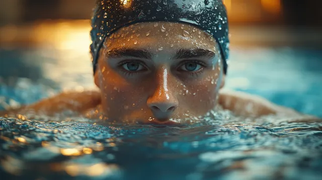 Smiling young woman swimmer poses underwater in indoor pool, bubbles and sunlight streaks