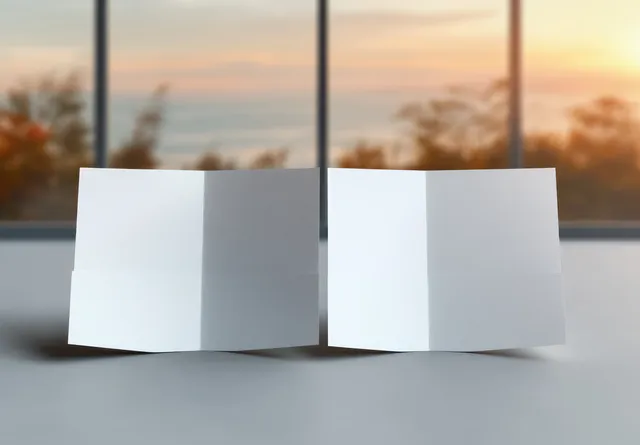 White bi-fold vertical invitation cards on gray tabletop with soft sunset background