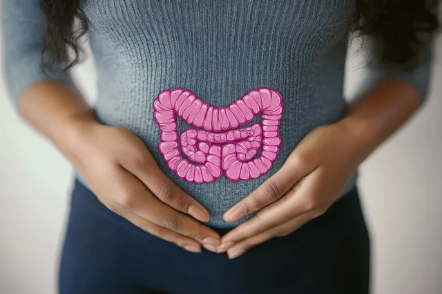 Woman Holding Her Abdomen with Bright Intestine Health Illustration