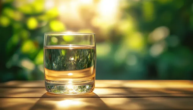 Clear water glass on wooden table with sunlit reflections and green bokeh background