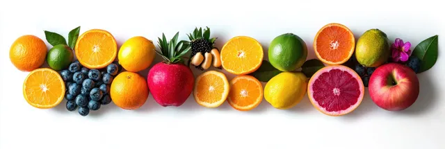 Assorted citrus slices, berries, apples, and green leaves laid in a neat row