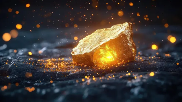 A glowing gold nugget shines with bright golden light amid sparkling particles over dark textured rock.