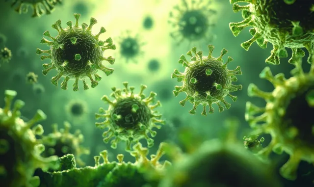 Green microscopic virus particles float in a softly glowing, textured background.
