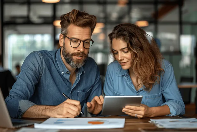 A manager with glasses points at a tablet during an office meeting while coworkers review documents.