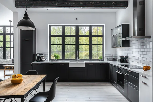 Black cabinet kitchen with white subway tile backsplash, sink, stovetop, and large window letting in natural light.
