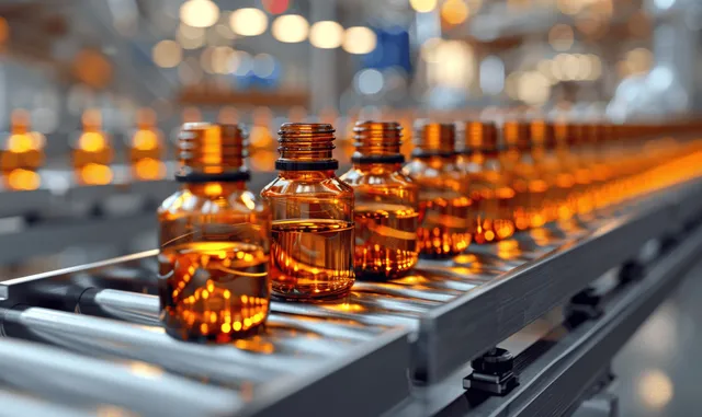 Amber chemical vials move along an automated conveyor inside a factory cleanroom, with blurred equipment behind them.