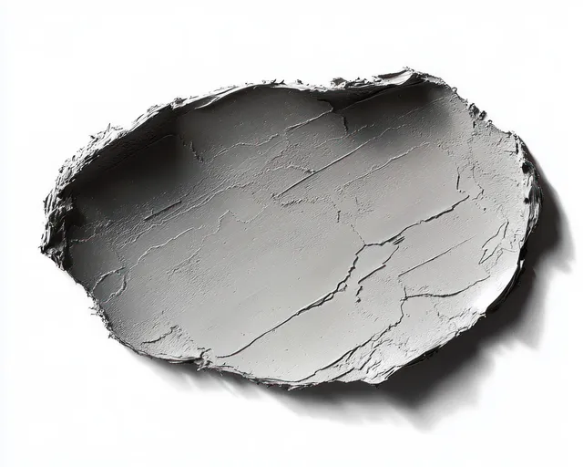Close-up gray clay patch with cracked surface and rough edges on white background