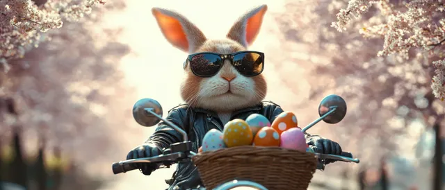 A sunglasses-wearing rabbit rides a motorcycle past blooming cherry blossom trees with a basket of colorful Easter eggs.