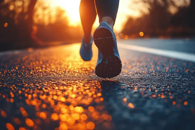 Woman runner’s feet push off the asphalt street as warm sunset light flares behind her on a city road.