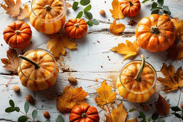 Small pumpkins and orange maple leaves surround two glasses of spiced cider on a white wooden tabletop.