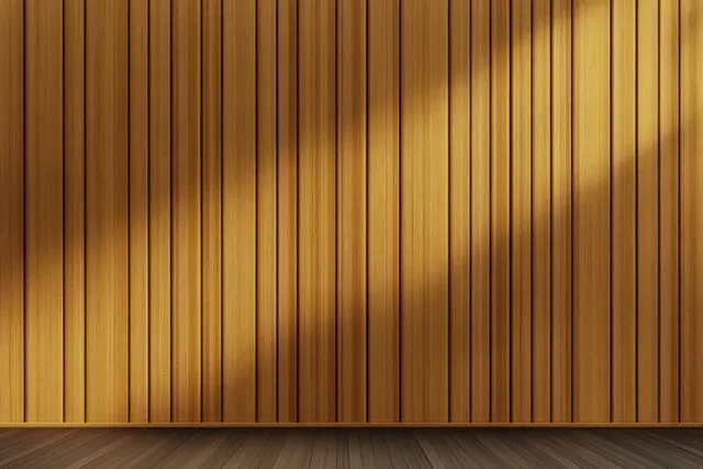 Warm golden vertical wooden panel wall with soft light, grooves, and subtle shadows