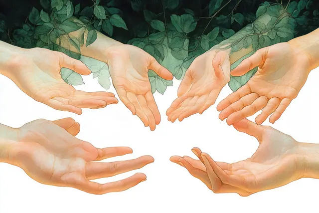 Several open hands reach toward each other beneath green leafy branches on a light background.