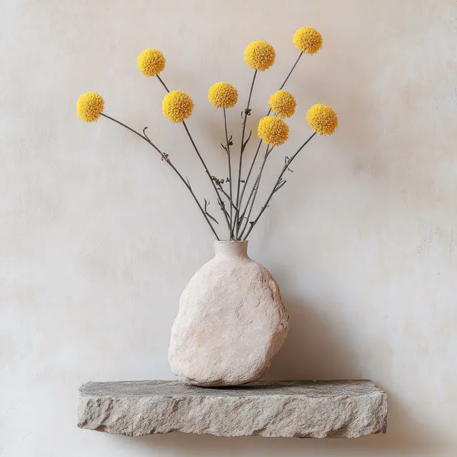 Yellow Pom Pom Flowers in White Vase on Stone Shelf