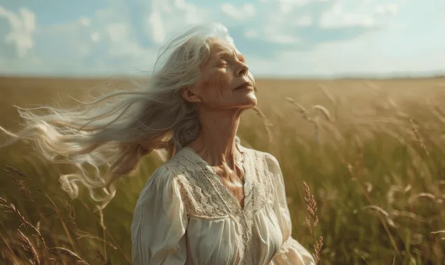 Elderly woman in a tall grass field enjoying the breeze under a clear blue sky.