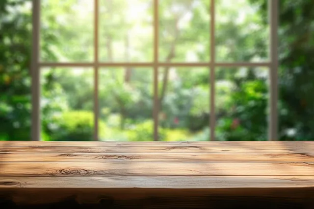 Empty wooden table in front of large window, blurred green garden bokeh