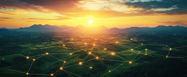 Sunset landscape of green hills with glowing connected network lines and data nodes overlaying the valley.