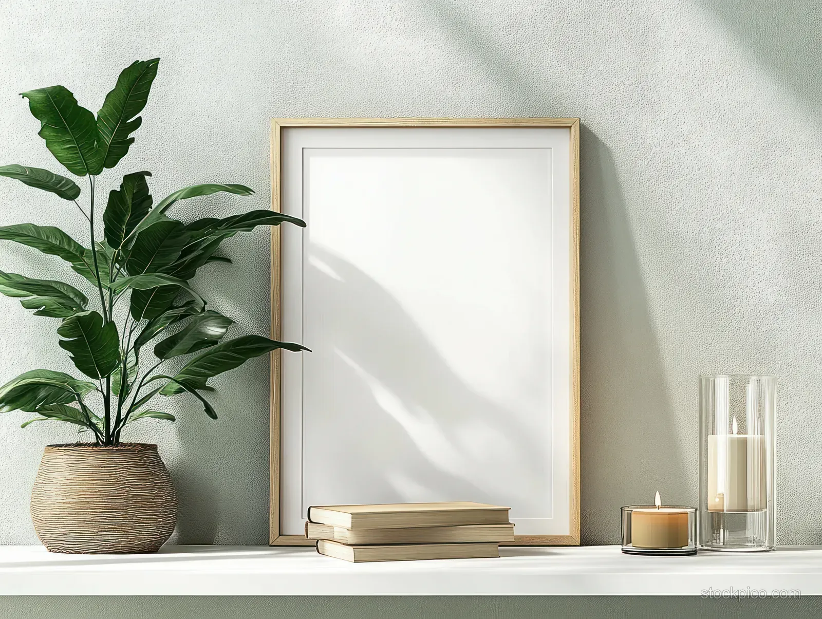 Empty picture frame sits on a white shelf beside books, a candle, and a green potted plant.