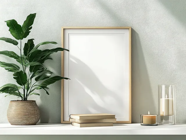 Empty picture frame sits on a white shelf beside books, a candle, and a green potted plant.