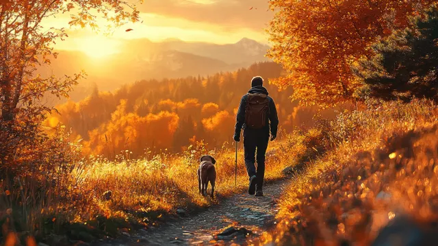 A hiker and a dog walk along a winding mountain trail at sunset, surrounded by vibrant autumn colors in warm golden light.