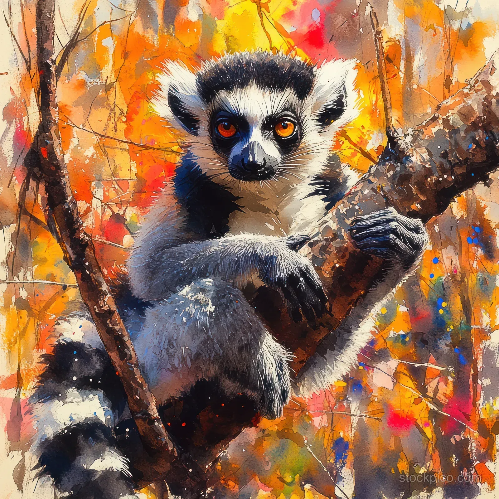 Vibrant watercolor illustration of a ring-tailed lemur perched on branches with expressive eyes and warm autumn colors.