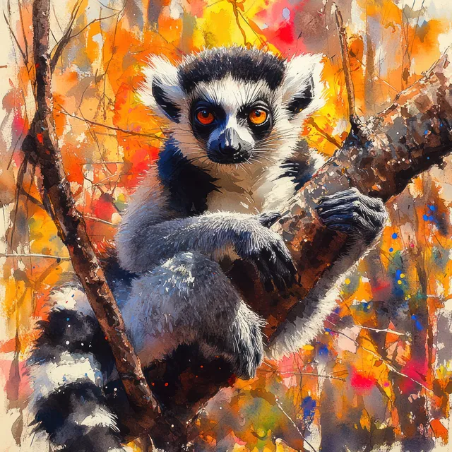Ring-Tailed Lemur on a Branch Watercolor Illustration