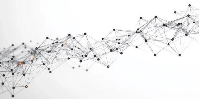Abstract network of black nodes connected by thin lines with a few glowing orange points on a white background.
